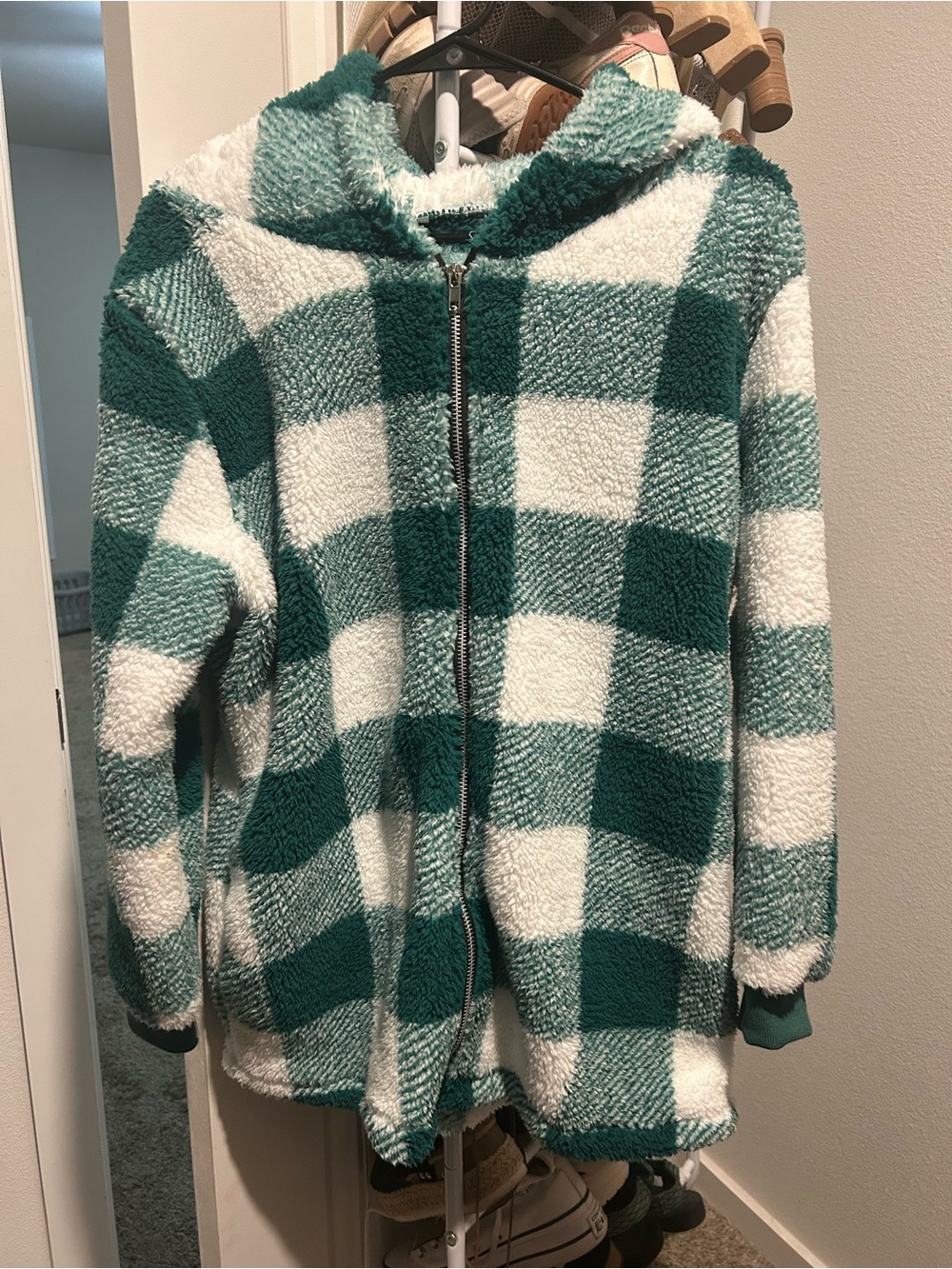 Cozy Green & White Check Plush Zip Hoodie